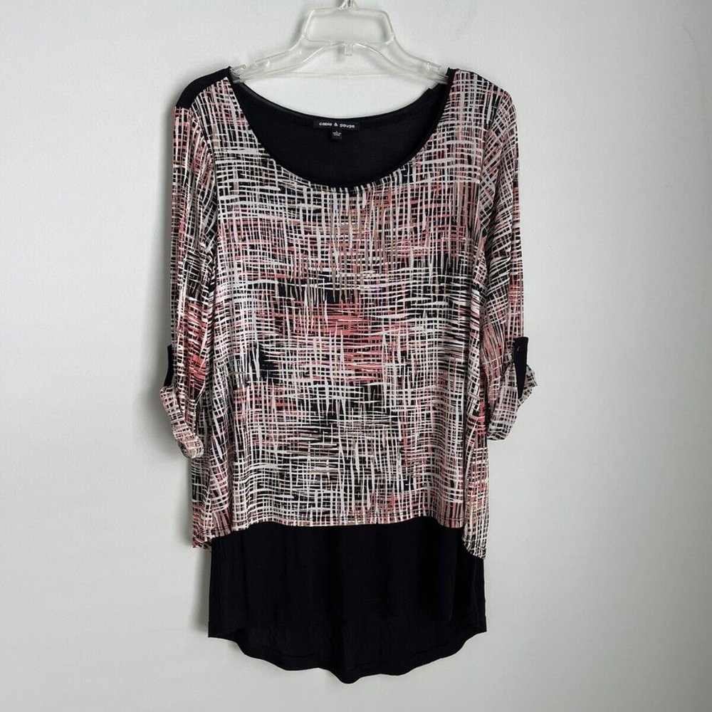 Cable & Gauge Black Print Roll Tab Sleeve Tunic